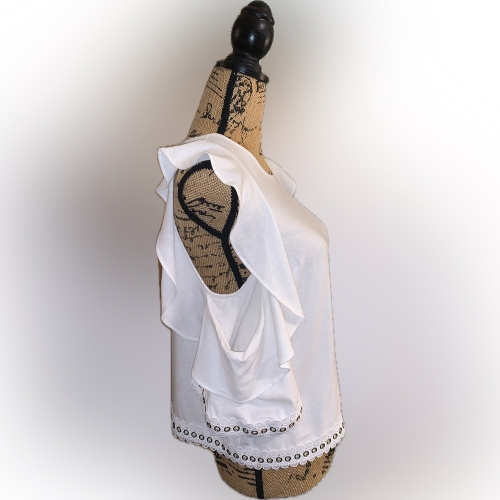 MISA Los Angeles Linen Blend Cold Shoulder Metal Rivet Eyelet Ruffle Blouse XS - Picture 7 of 15